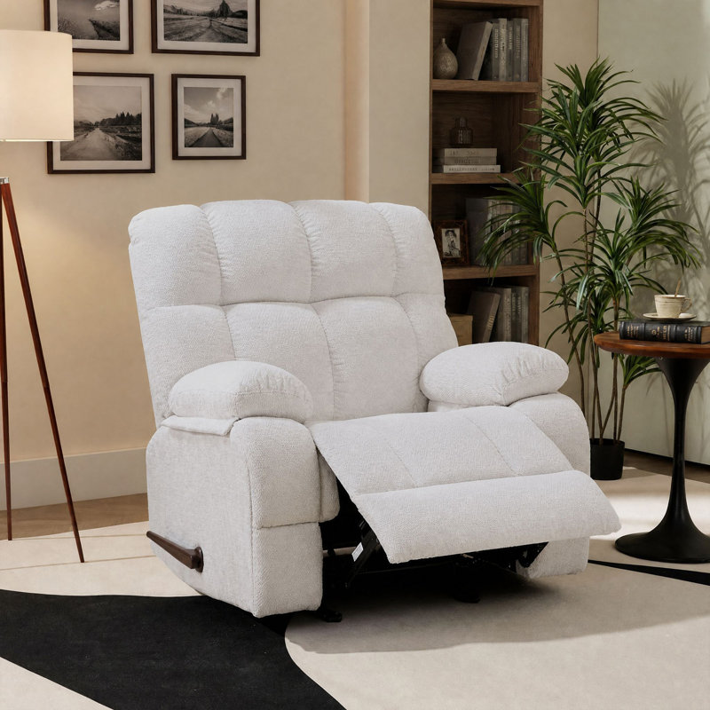 Fauteuil inclinable moderne avec fonction berçante et poche latérale, blanc, White Chenille