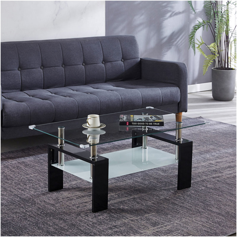 Table basse Artisan, plateau en verre trempé, pieds en acier inoxydable pour le salon, noir, Noir
