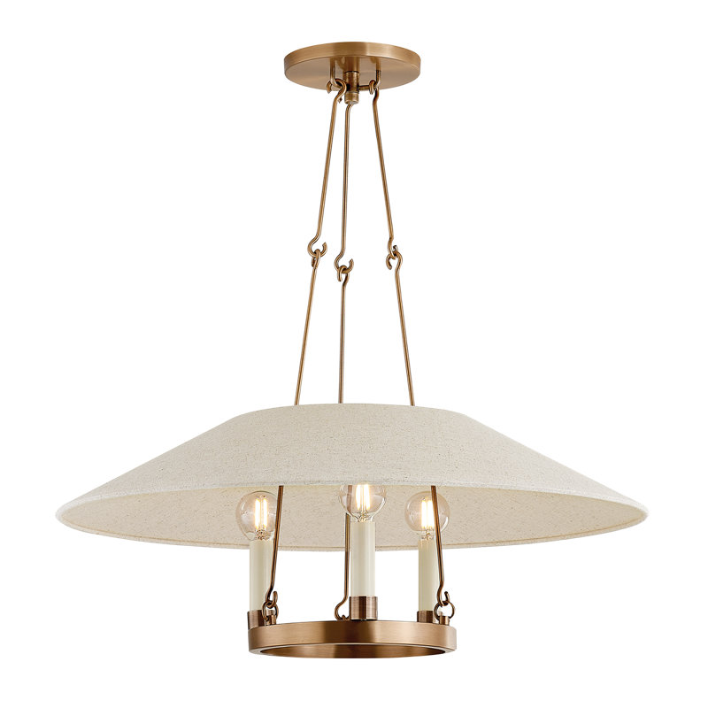 Patina Brass 3-Light Chandelier with Natural Linen Shade