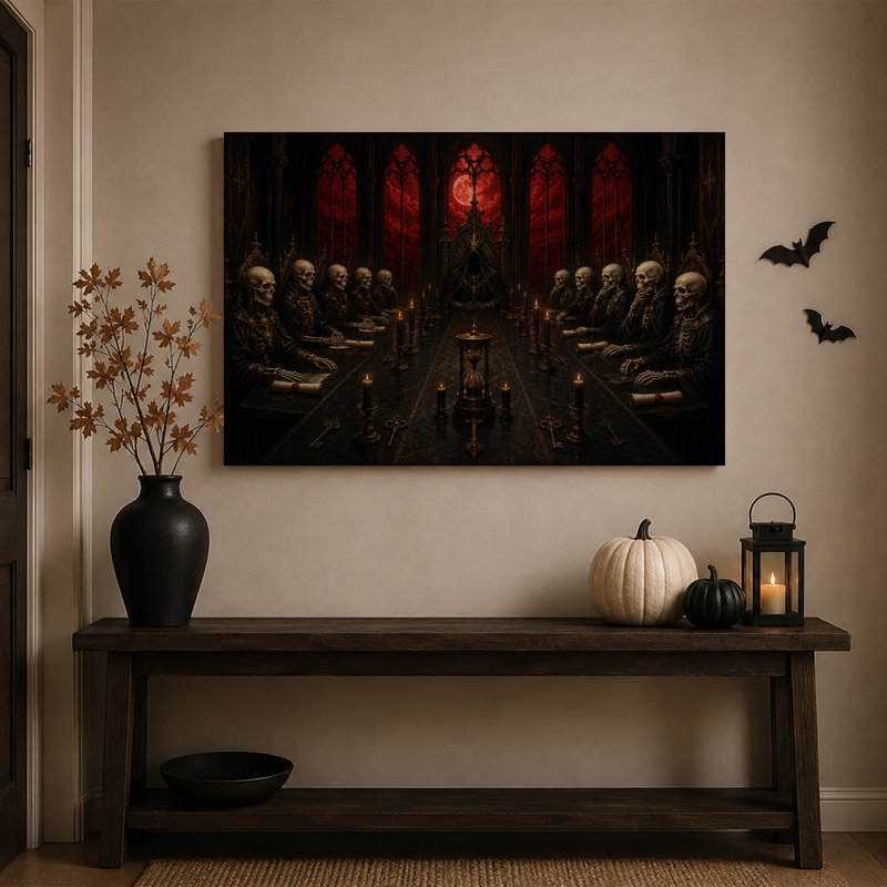 Squelettes gothiques assis à une longue table avec une toile rouge d'Halloween, H 16 po x l 24 po