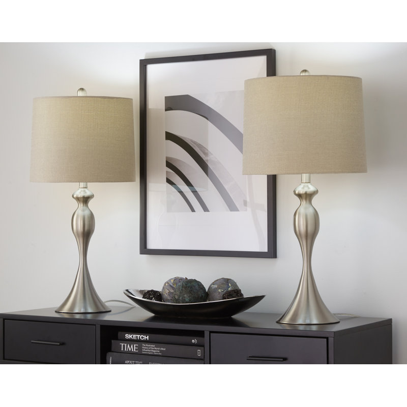 Kateryn 27" Metal Table Lamp Set with Linen Empire Shades, Brushed Nickel, Light Grey
