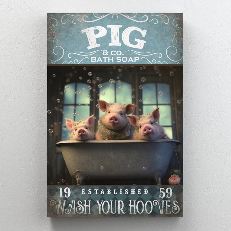 Cochon bain de savon - 1 pièce, reproduction d'art graphique sur toile tendue, H 36 po x l 24 po x P 1,25 po