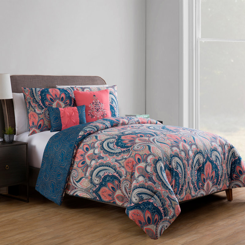 Ensemble d'édredon réversible à motif damassé Casa Real, Édredon double + 2 taies décoratives standard +, Corail