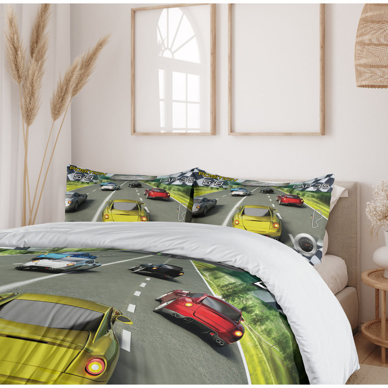 Twin Size Multicolor Car Racing Duvet Cover Set