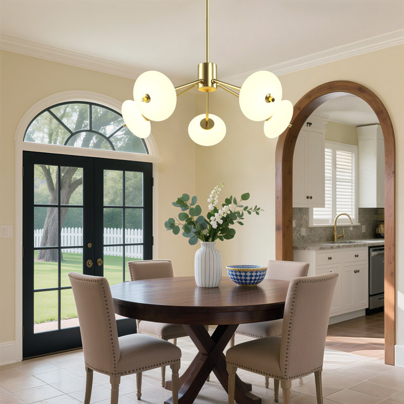 5 - Light Dimmable Modern Polished Brass LED Chandelier for Hallway/Kitchen Island.Features White Glass Shade.