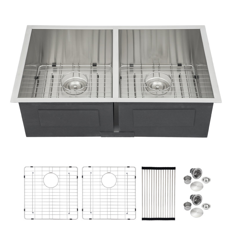 33" L x 19" W 50/50 Double Basin Stainless Steel Undermount Kitchen Sink with Accessories