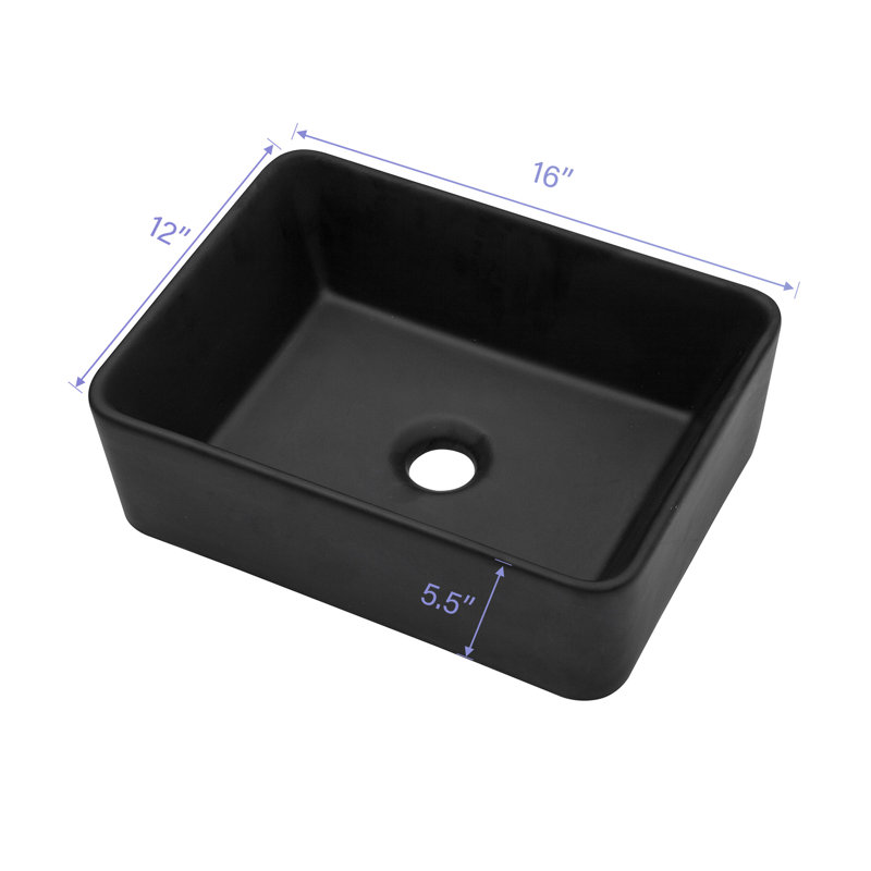 Black Ceramic Rectangular Vessel Bathroom Sink 16"X12". Modern Contemporary Classic Style. Excellent Technology, Fashion Aesthetic. Low Water Absorption, Stain . Above Counter Mount. 1 3/4" Drain