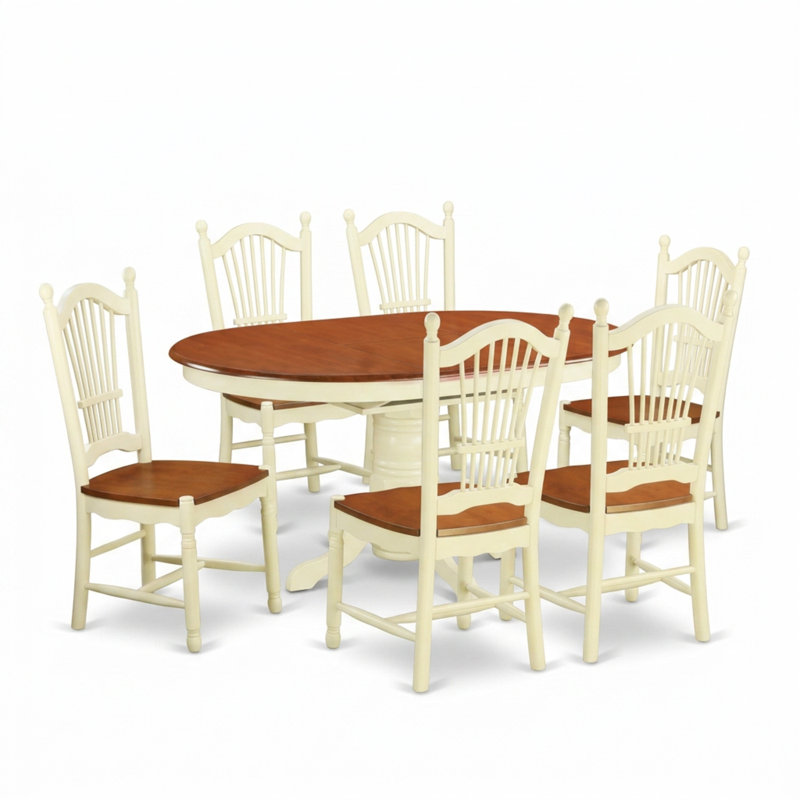 Ensemble de table et de chaises ovales en bois d'hévéa au fini cerisier babeurre avec rallonge papillon de 45 cm et 6 chaises