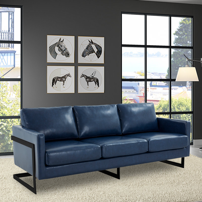 Canapé en cuir moderne Natahlia, Bleu, Noir, Three-Seater Sofa