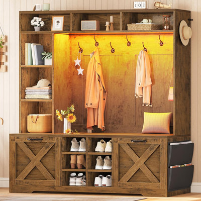 Arbre d'entrée avec banc et rangement pour chaussures, banc d'entrée 59,1 "avec porte-manteau, armoire à chaussures avec tiroirs rabattables, 12 tablettes, 9 crochets à manteau, sac de rangement, lumières à DEL, brun