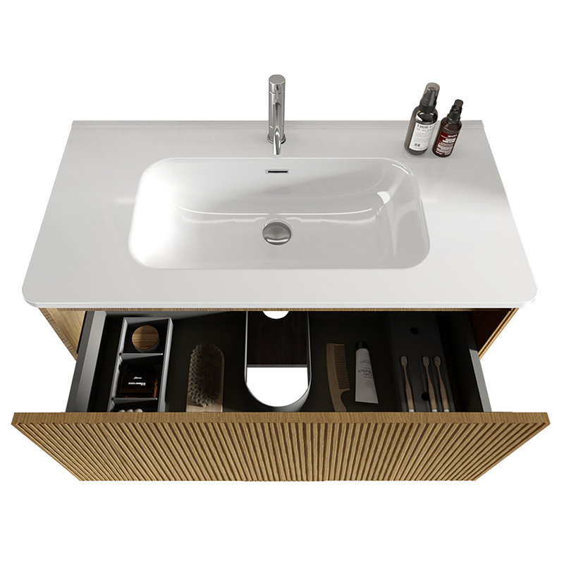 U088-Etna36W-306 Meuble-lavabo en chêne naturel rayé de 36 po avec lavabo en céramique blanche Etna - pré-assemblé