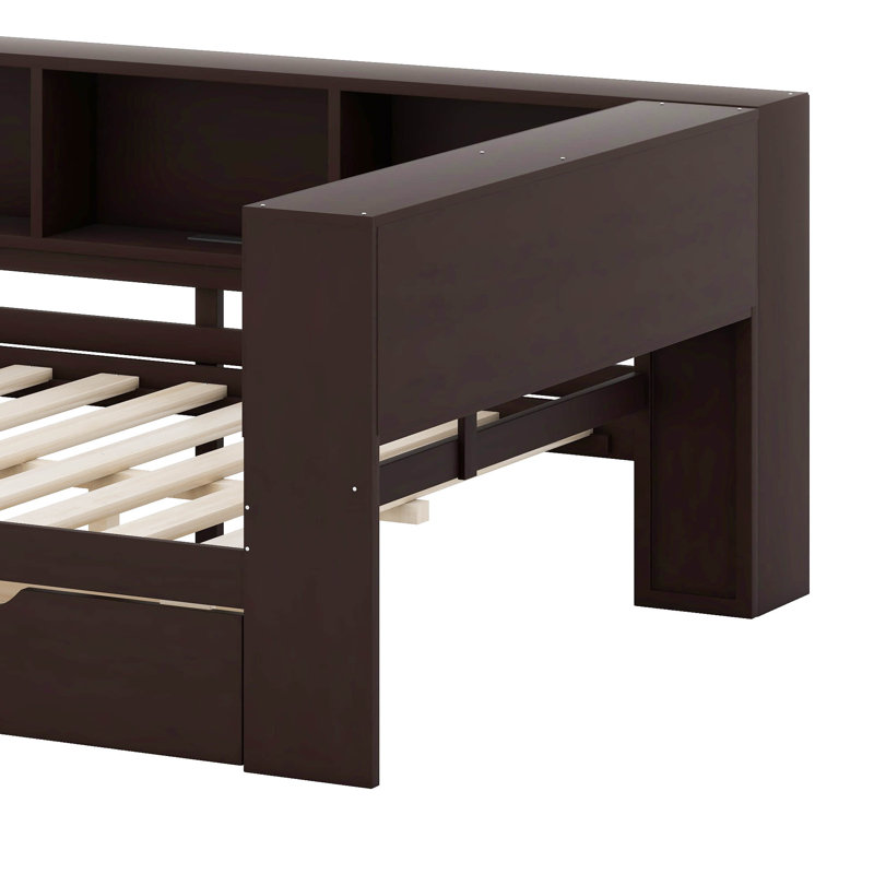 Lit de jour en bois pour grand lit avec éclairage à DEL intégré, ports de chargement USB, 2 tiroirs spacieux, Brun