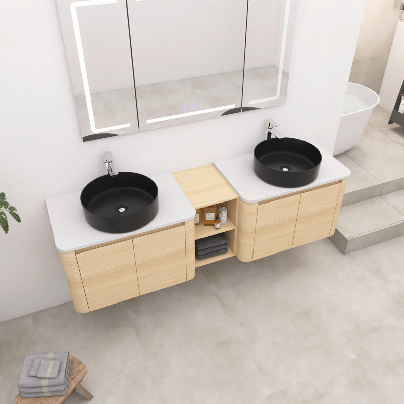 Meuble-lavabo mural double 72 po avec éviers d'art en céramique et 1 tablette de rangement, chêne blanc américain, Noir