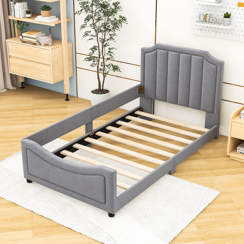 Twin Upholstered Platform Bed with Striped Headboard, Grey