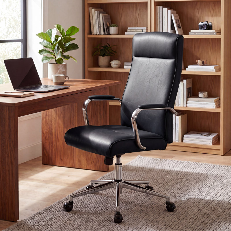 High Back Faux Leather Office Chair, Executive Computer Desk Chair With Chrome Armrests & 360° Swivel, Adjustable Height Task Chair For Home Office (black)​