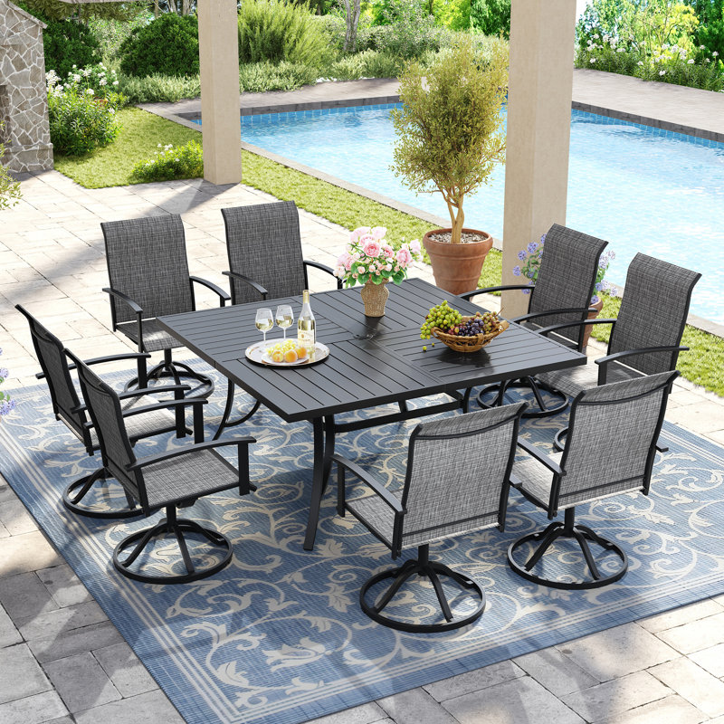 8-Person Square Patio Dining Set With Swivel PVC-coated polyester Chairs, Black