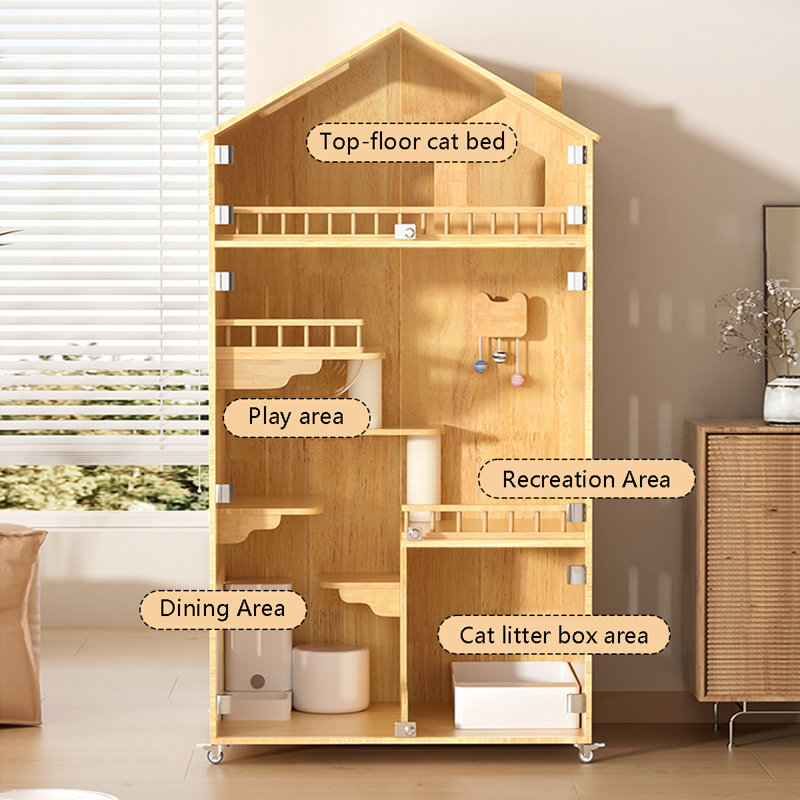 Solid Wood Cat House with Viewing Skylight and Remote-Controlled Light