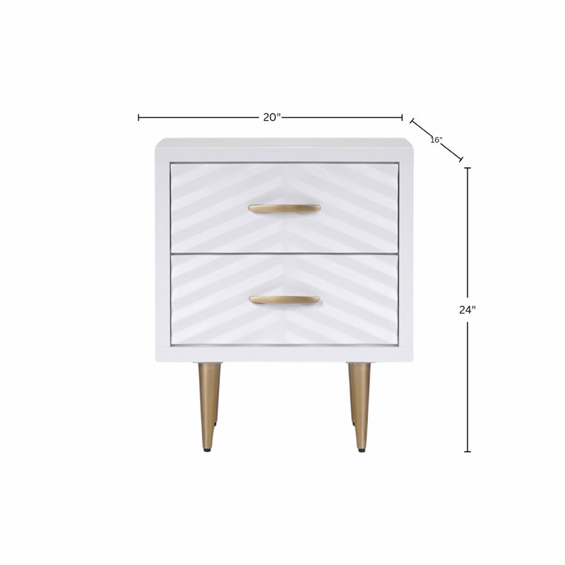 Table de chevet Tru, 2 tiroirs, bois d'acajou blanc moderne, pieds en métal doré