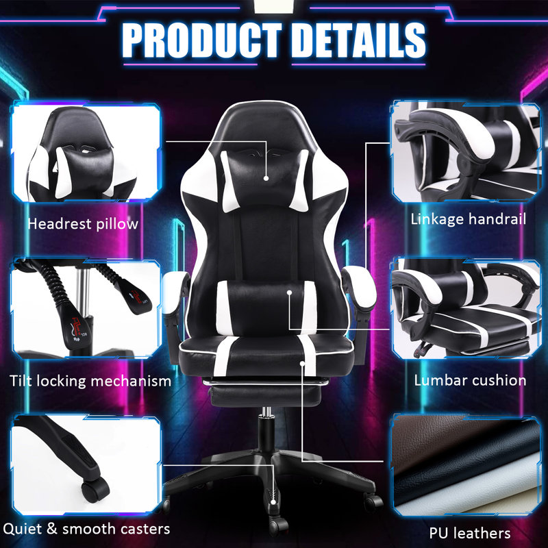 Wrought Studio™ Adjustable Reclining Leather Swiveling PC & Racing Game Chair, Black/White