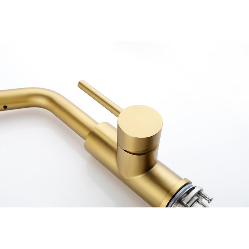Robinet de cuisine à poignée simple avec douchette extractible en or brossé - pivotant sur 360 °, deux choix de débit d'eau pour différentes exigences, rouille et corrosion, réglage facile de la température et du débit, acier inoxydable