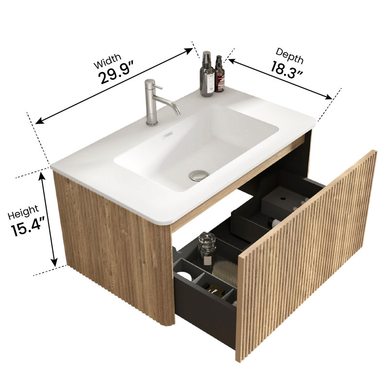 Hannemarie Wall Mounted Single Bathroom Vanity with Top with Overflow, Pre-Assembled, 30", Rough Oak