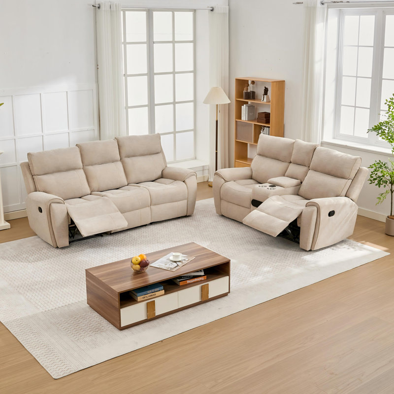 Ensemble de canapé inclinable manuel en tissu doux 2 pièces, canapé inclinable 3 places et causeuse 2 places avec console de rangement centrale, mobilier de cinéma maison inclinable pour salon, appartement et sous-sol