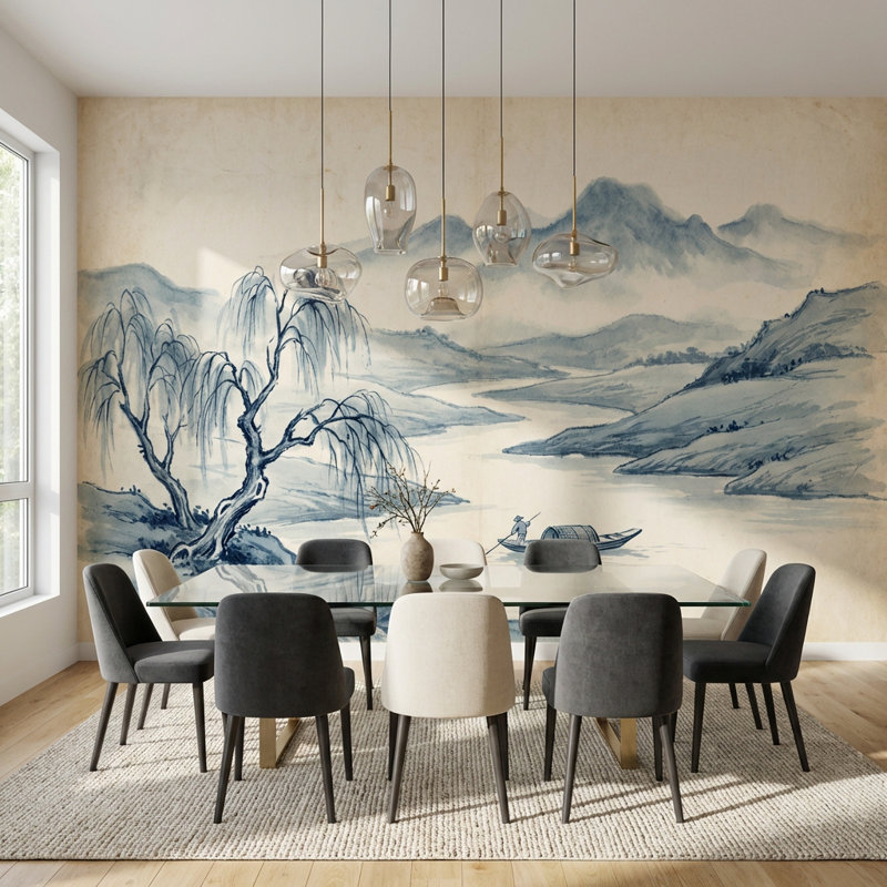 Papier peint paysage traditionnel Serene Willow, Non tissé non collé, 120" x 96"