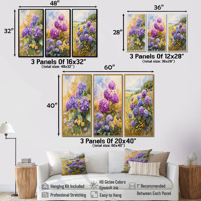 Hortensias et fleurs sauvages champêtres I - Collection d'art mural hortensias verts, H 40 po x l 60 po, Brun