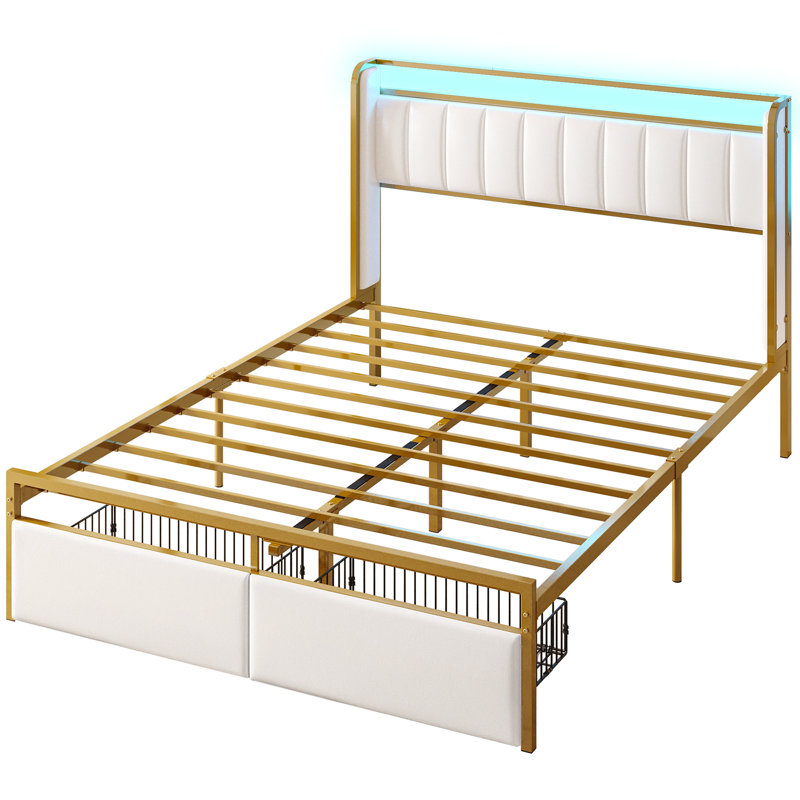 Omartin 45.4'' Bed Frame Twin Size with Armrests Headboard & RGB Light, Upholstered Twin Size Bed Platform with Drawers, Twin