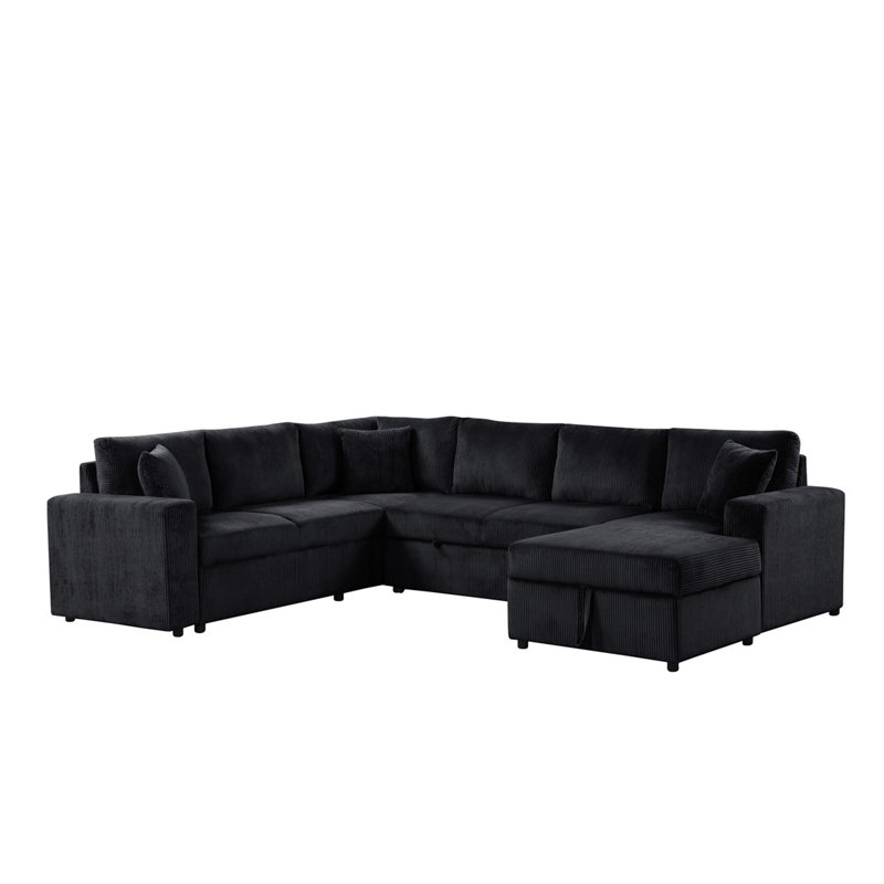 Rinaldo 123"W Black Corduroy Sleeper Sectional Sofa With Right-Facing Storage Chaise And Throw Pillows, Black Corduroy