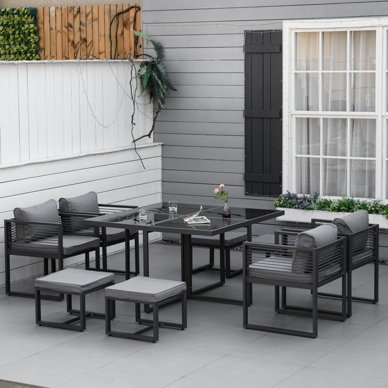 Bodhild 9 Pieces Garden Dining Set with Cushion, 8 Seater Cube Set, Grey