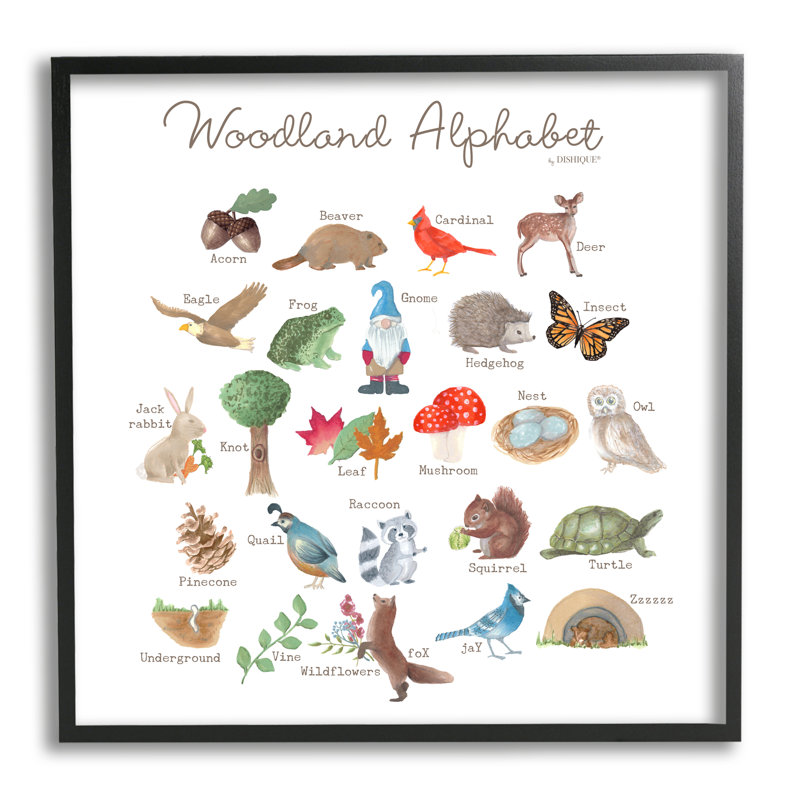 Woodland Alphabet Wildlife, Giclée encadrée noir minuit, H 12 po x l 12 po x P 1,5 po