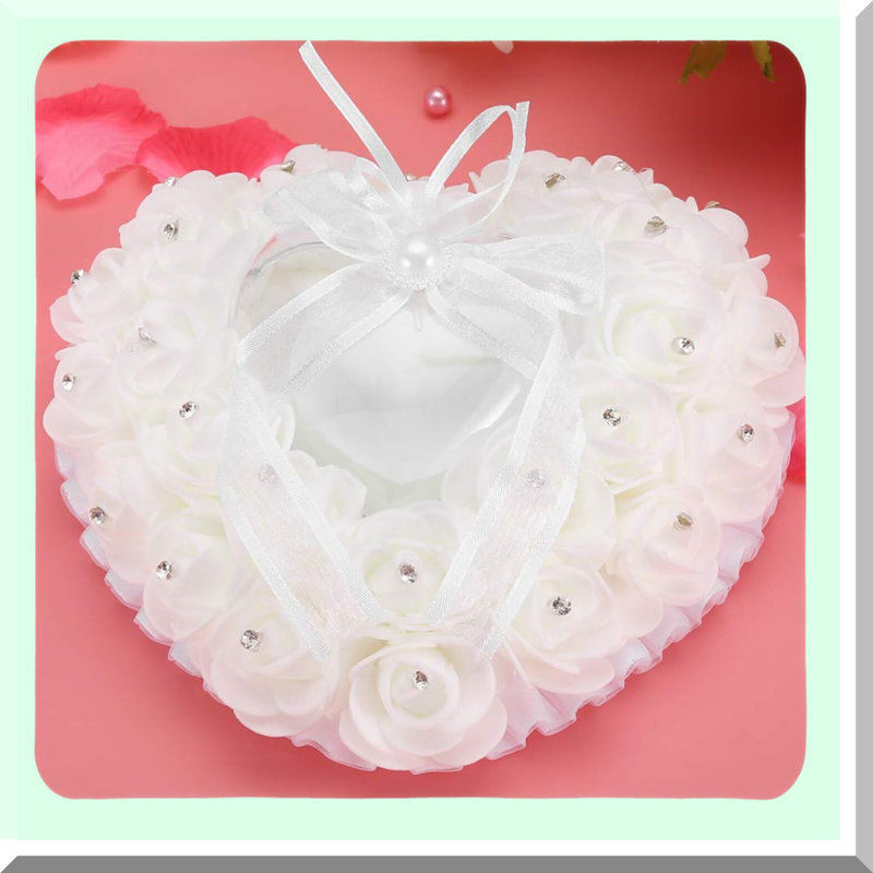 Heart-Shaped Wedding Ring Pillow with Rhinestones