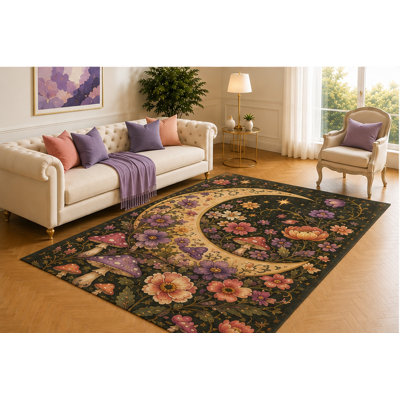 "Ultra Lightweight" 5'x7' Crescent Moon Mushroom Garden Rug, Dark Floral Celestial Design with Wildflowers and Stars, Gothic Floor Decor for Bedroom, Lounge or Reading Nook