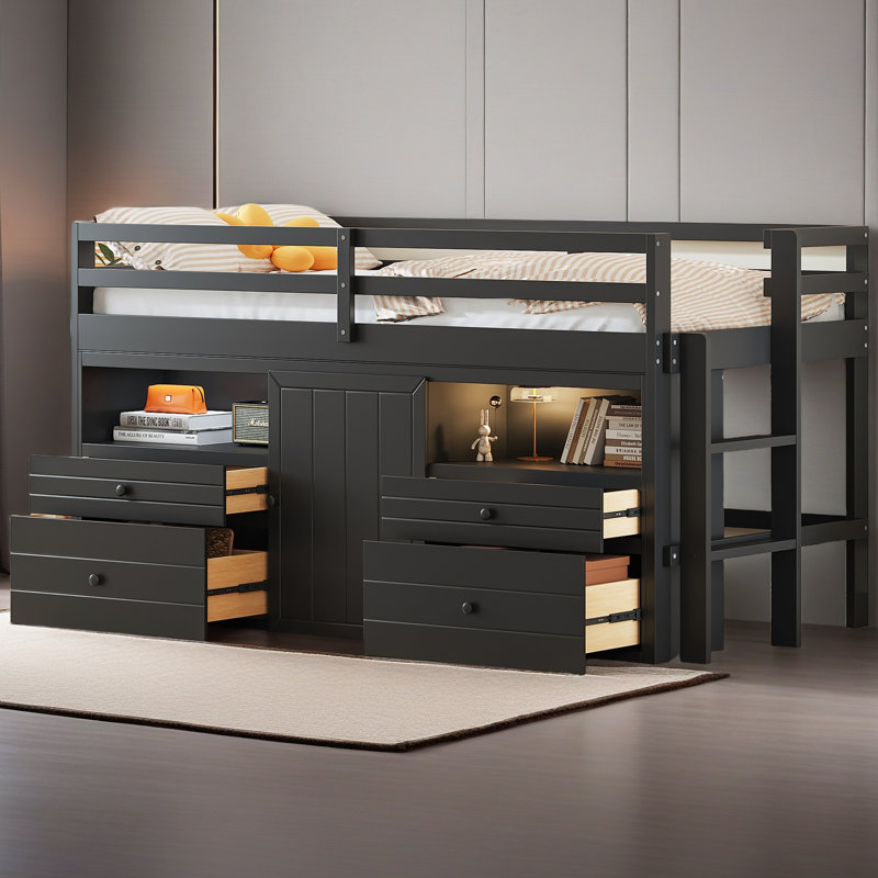 Lit mezzanine simple avec 4 tiroirs, sous l'armoire et les tablettes, Espresso