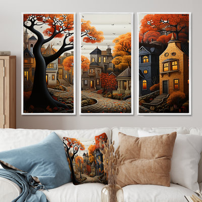 Cozy village in Autumn Moonlit III - Art mural art déco urbain