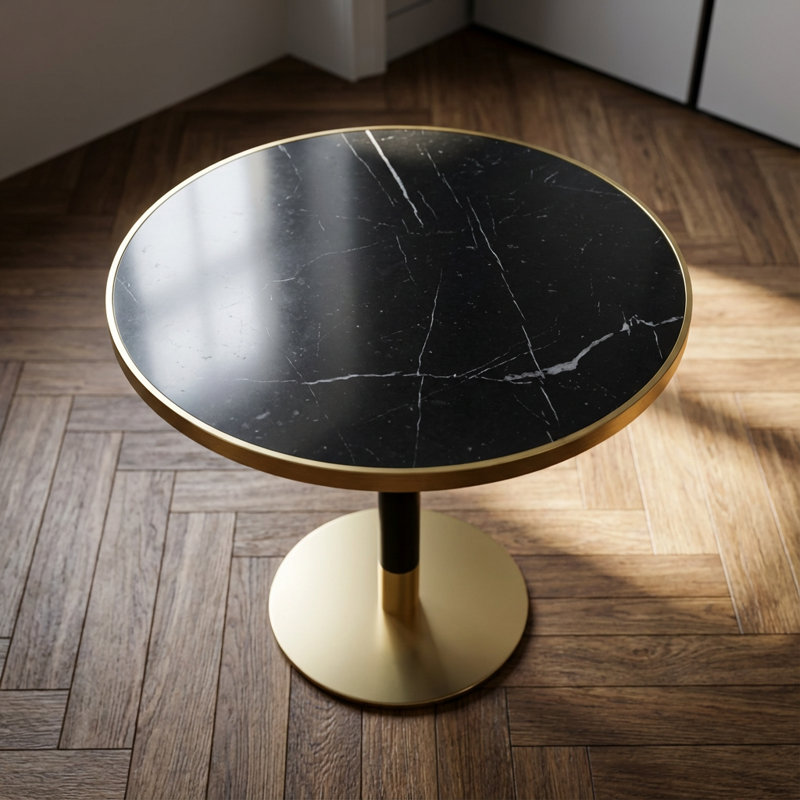 Table de salle à manger ronde moderne avec plateau en pierre brillante et structure en métal robuste, Or/noir, Gris