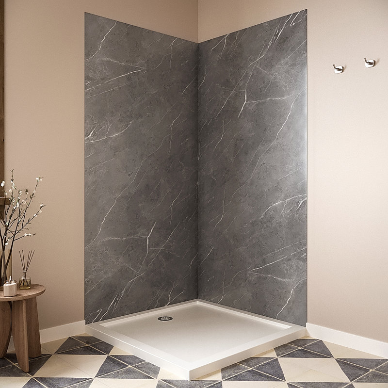 Streamline DSH-1280-127 38 in. L x 38 in. W x 76 in. H 2-Piece Glue-Up Corner Shower Surround in Grey Marble Finish