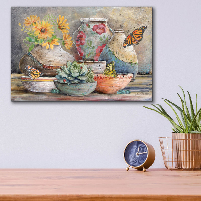 «Clay Pottery Still Life-d» par Jean Plout, art mural en verre acrylique, H 12 po x l 16 po x P 0,13 po