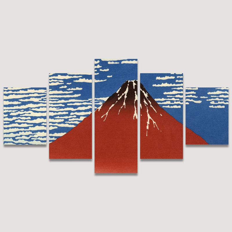 «Red Fuji» par Katsushika Hokusai, ensemble de 5 peintures abstraites sur toile
