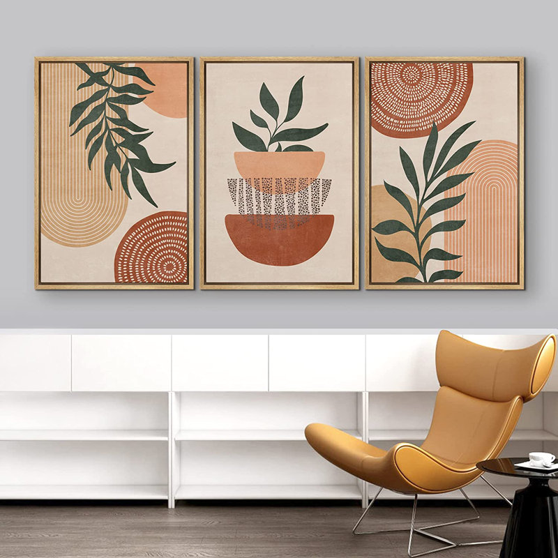 Mid Century Modern Boho Geometric Polygon Palm Leaf - 3 Piece Floater Frame Graphic Art Set on Canvas