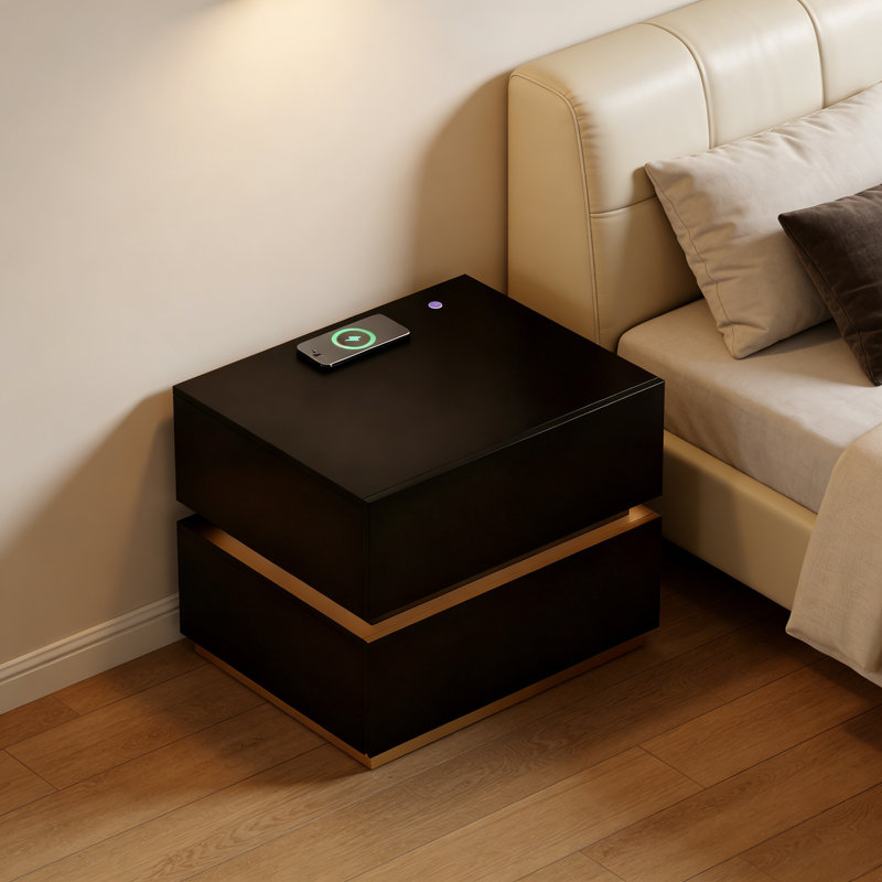 2-Drawer Smart Nightstand with  LED Light, Black