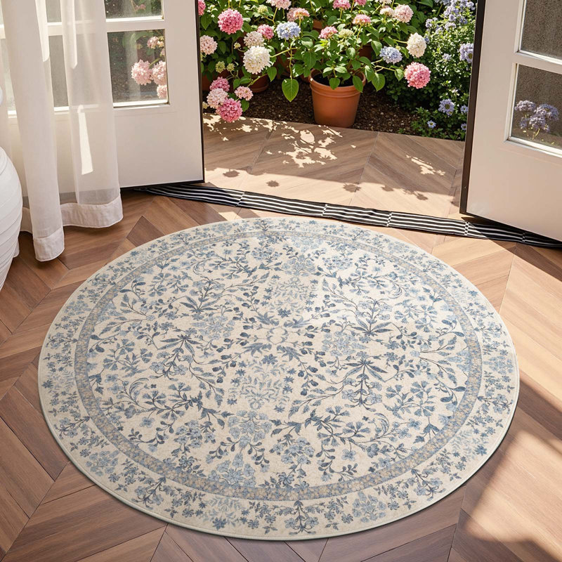 Floral Machine Washable Area Rug, Blue, Round 5'