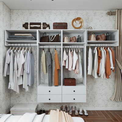 White Modular Closet Organizer System with 4 rods,4 drawers and 4 shelves