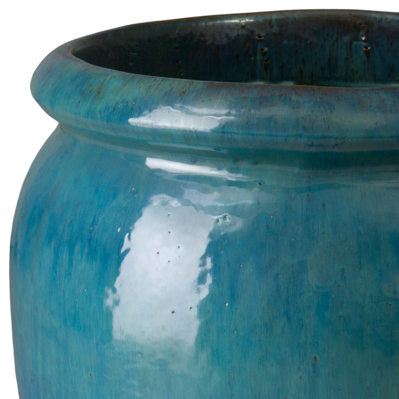Pot de fleurs rond en céramique avec trou de drainage, Sarcelle, H 26,5 po x l 20,5 po x P 20,5 po