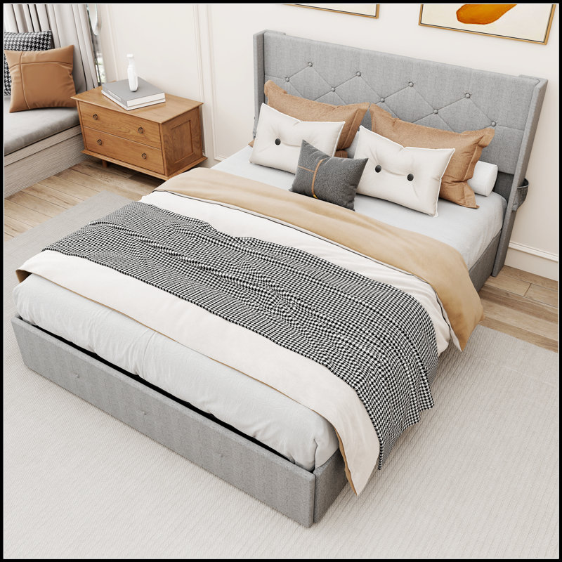 Base de lit plateforme avec rangement à gaz, ports USB et tête de lit à oreilles capitonnée pour les chambres à coucher modernes