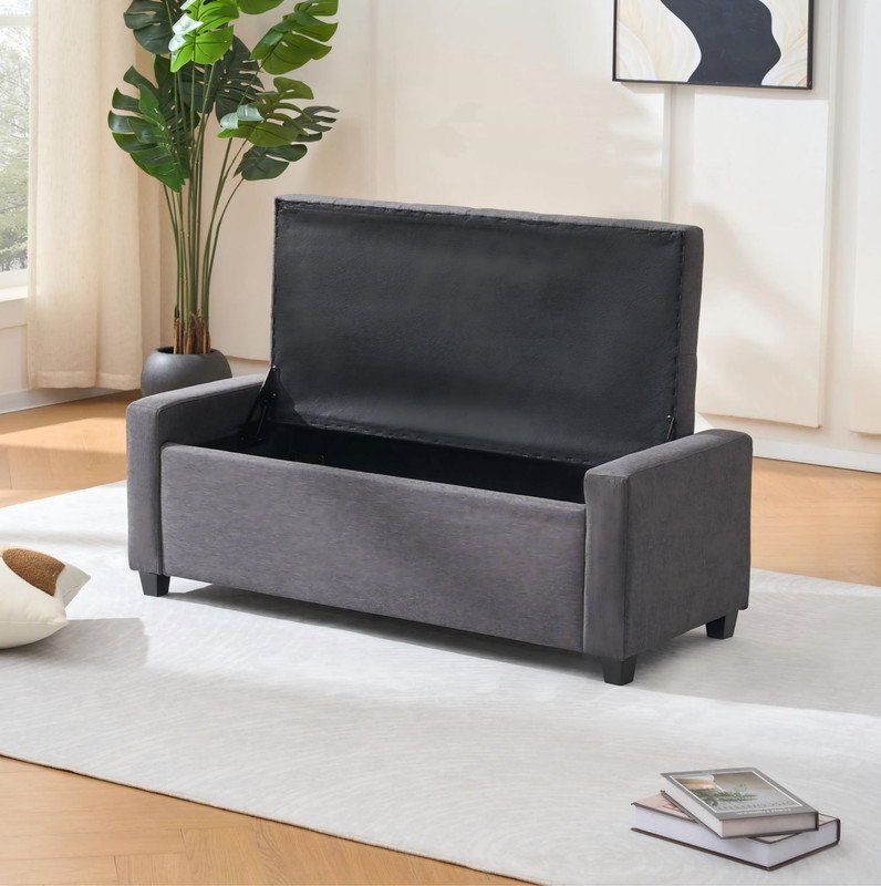 48" Storage Bedroom Bench for End of Bed, Faux Linen Upholstered Storage Ottoman with Arms for Bedroom,Living Room, Entryway, Grey