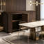 Buffet à quatre portes en bois de noyer avec une texture ondulée et un design sans poignée; Comprend une prise de courant pour une utilisation dans la salle à manger.