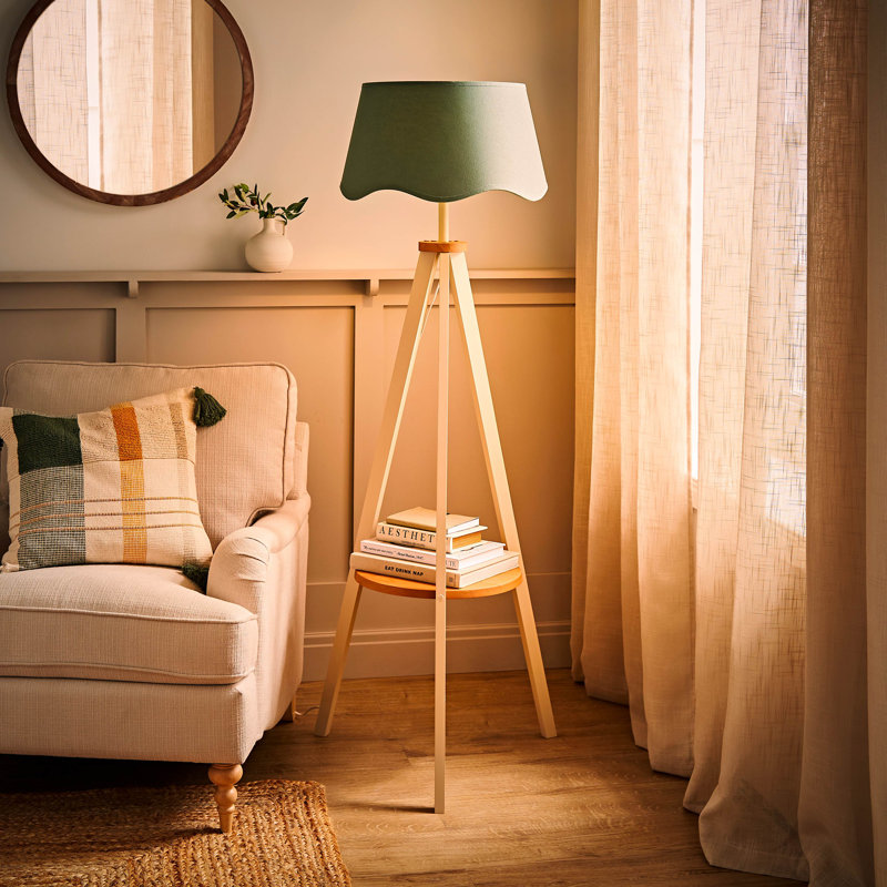 Morrigan Painted Cream Tripod Floor Lamp with Scalloped Shade, Yes, Green