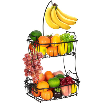 Bol à fruits à 2 niveaux avec support à banane, rangement pour légumes pour comptoir de cuisine (noir)